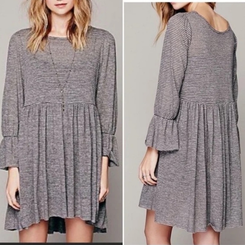 ☮FP BEACH striped babydoll JESS 3/4 sleeve flare sleeve dress M Free People mini
